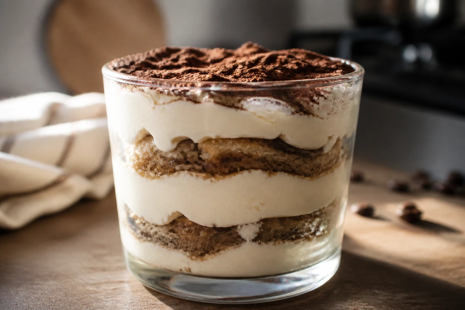 Tiramisu ferme et bien tenu en verrine, couches de mascarpone et biscuits visibles