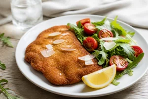 Escalope milanaise dorée servie avec salade de roquette, tomates cerises et copeaux de parmesan