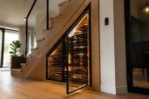 Cave à vin encastrée sous un escalier en bois avec porte vitrée et éclairage LED intérieur