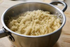 Casserole de quinoa blanc cuit et égrainé, grains détachés avec germe visible, vapeur légère