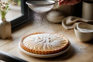 Nuage de sucre glace maison tamisé sur une pâtisserie, sur un plan de travail en bois