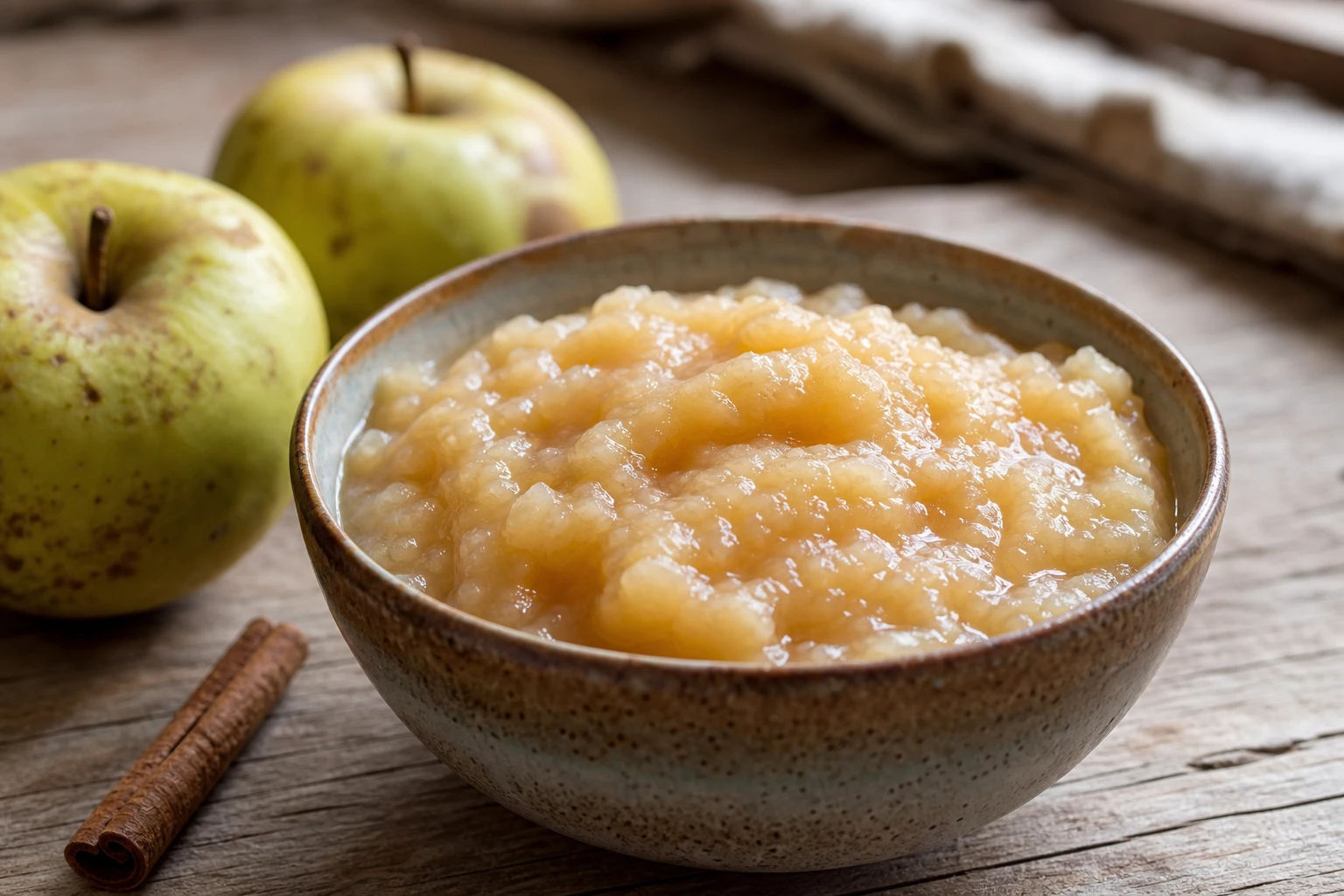 Bol de compote de pommes maison façon grand-mère avec bâton de cannelle et pommes en arrière-plan