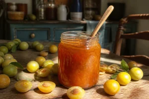 Pot de confiture de mirabelles maison entouré de mirabelles fraîches sur une table en bois