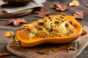 Courge butternut farcie au quinoa et chèvre, gratinée, posée sur une planche en bois