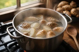 Topinambours coupés en morceaux cuisant dans une casserole d'eau bouillante sur une cuisinière