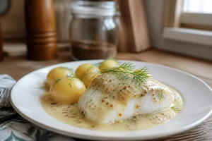 Dos de cabillaud sauce moutarde et crème au Cookeo, servi avec pommes de terre vapeur
