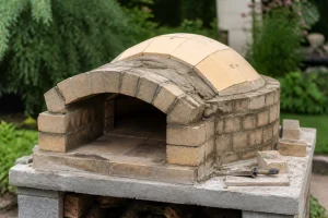 Four à bois traditionnel en briques réfractaires en cours de construction dans un jardin
