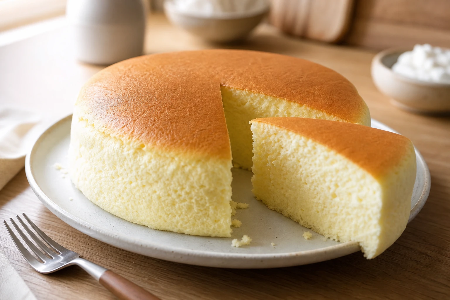 Gâteau nuage japonais coupé en tranche montrant sa texture aérienne sur une assiette en céramique