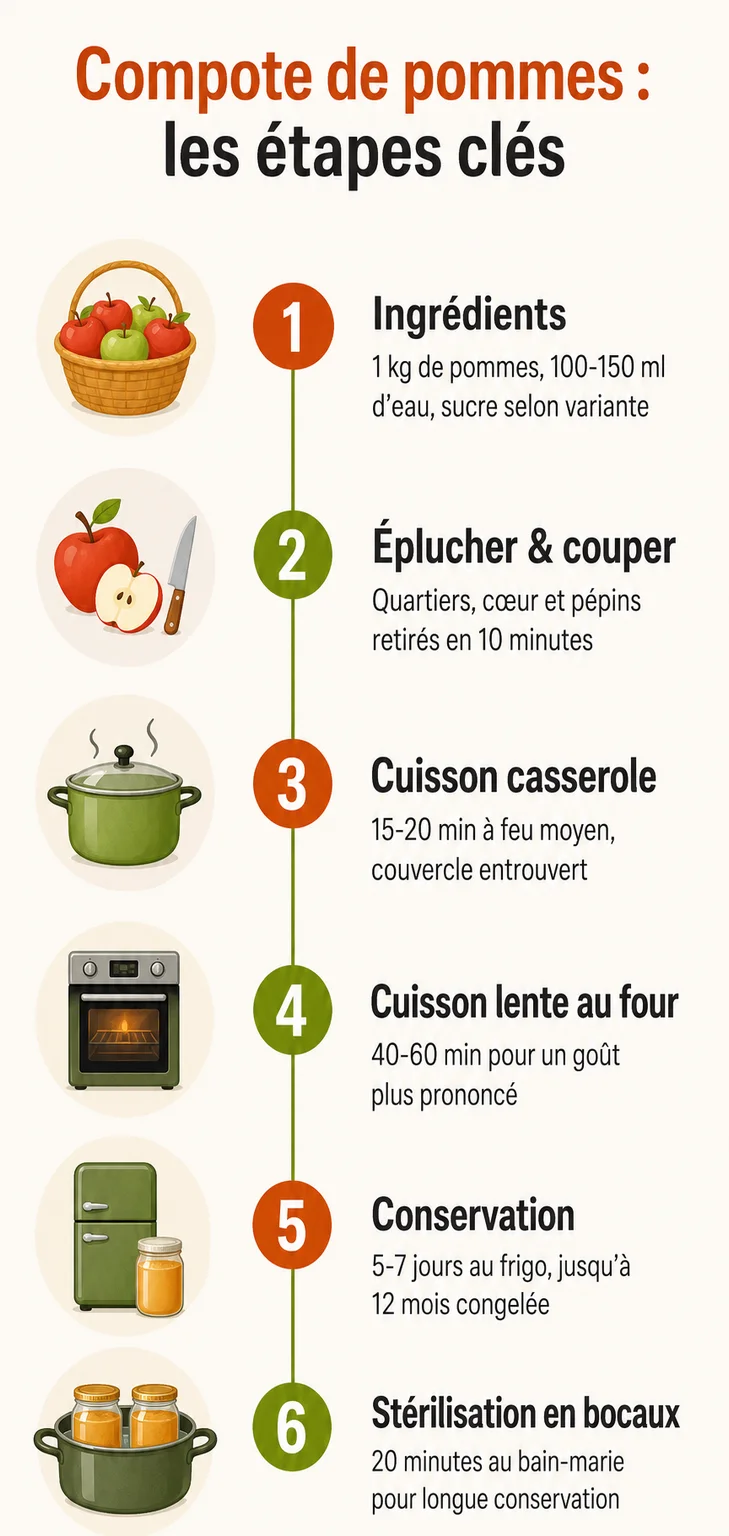 Compote de pommes : les étapes clés : 1. Ingrédients, 2. Éplucher & couper, 3. Cuisson casserole, 4. Cuisson lente au four, 5. Conservation, 6. Stérilisation en bocaux