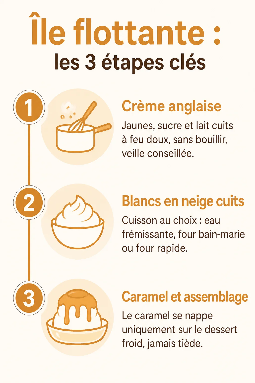Île flottante : les 3 étapes clés : 1. Crème anglaise, 2. Blancs en neige cuits, 3. Caramel et assemblage