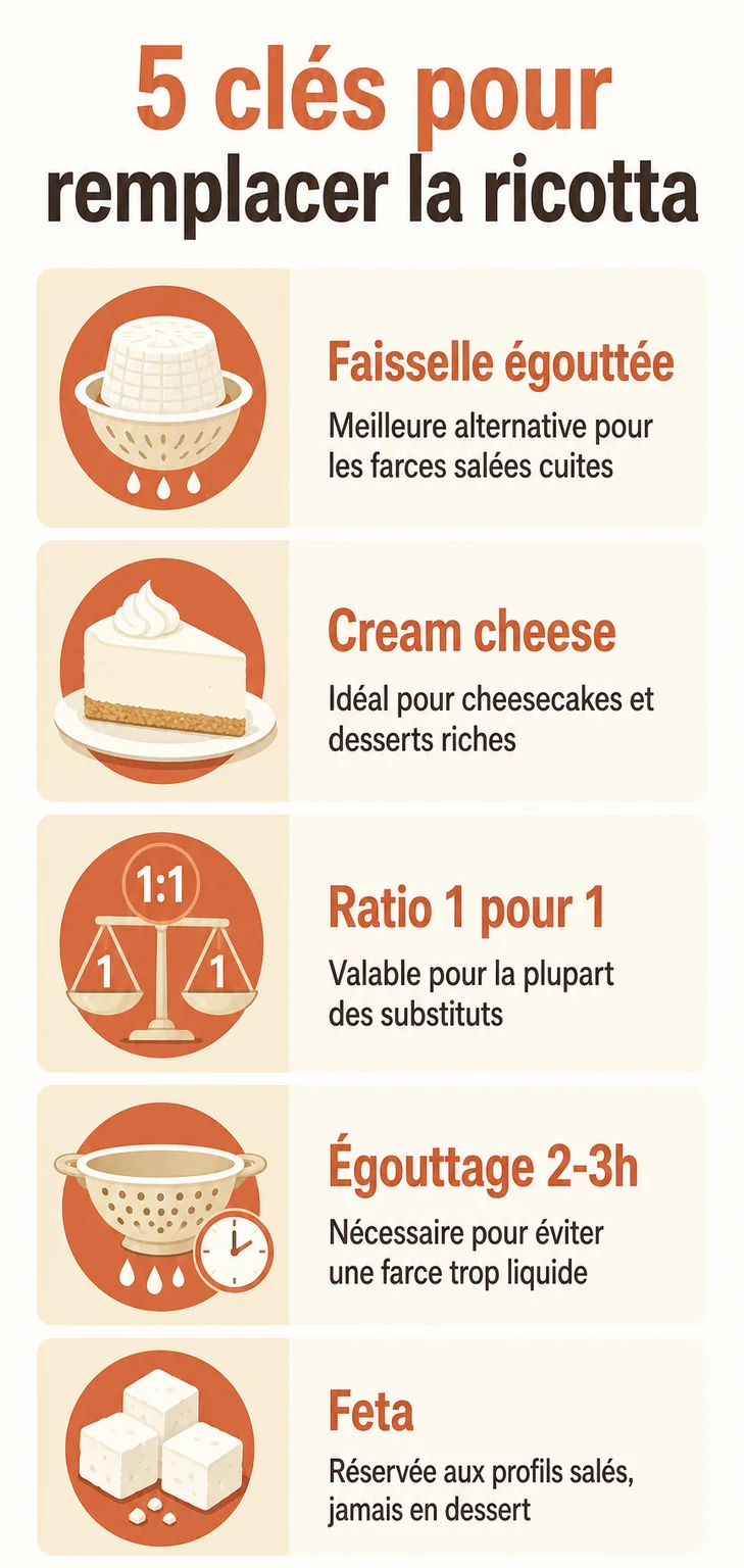 5 clés pour remplacer la ricotta : Faisselle égouttée, Cream cheese, Ratio 1 pour 1, Égouttage 2-3h, Feta