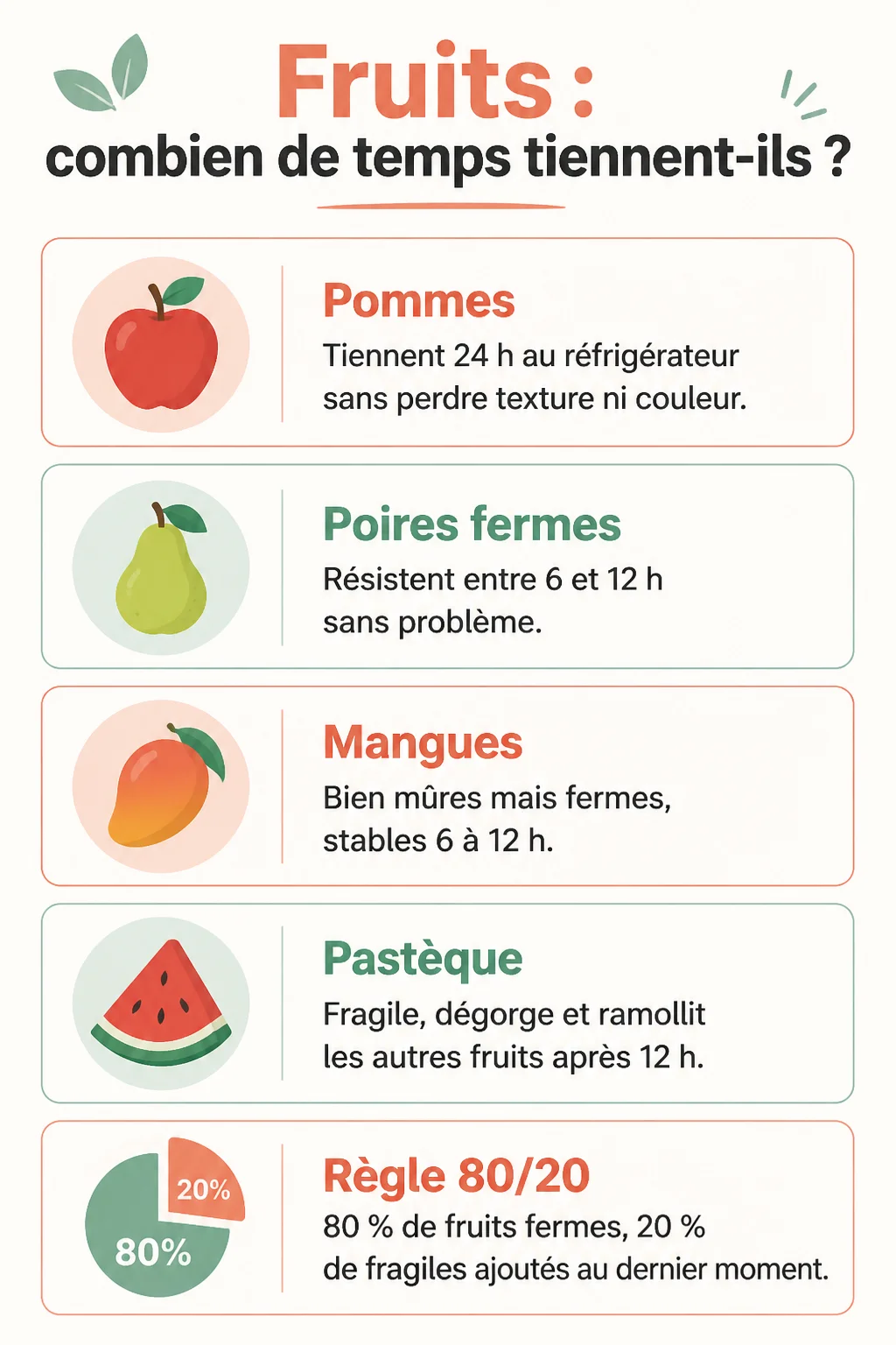 Fruits : combien de temps tiennent-ils ? : Pommes, Poires fermes, Mangues, Pastèque, Règle 80/20