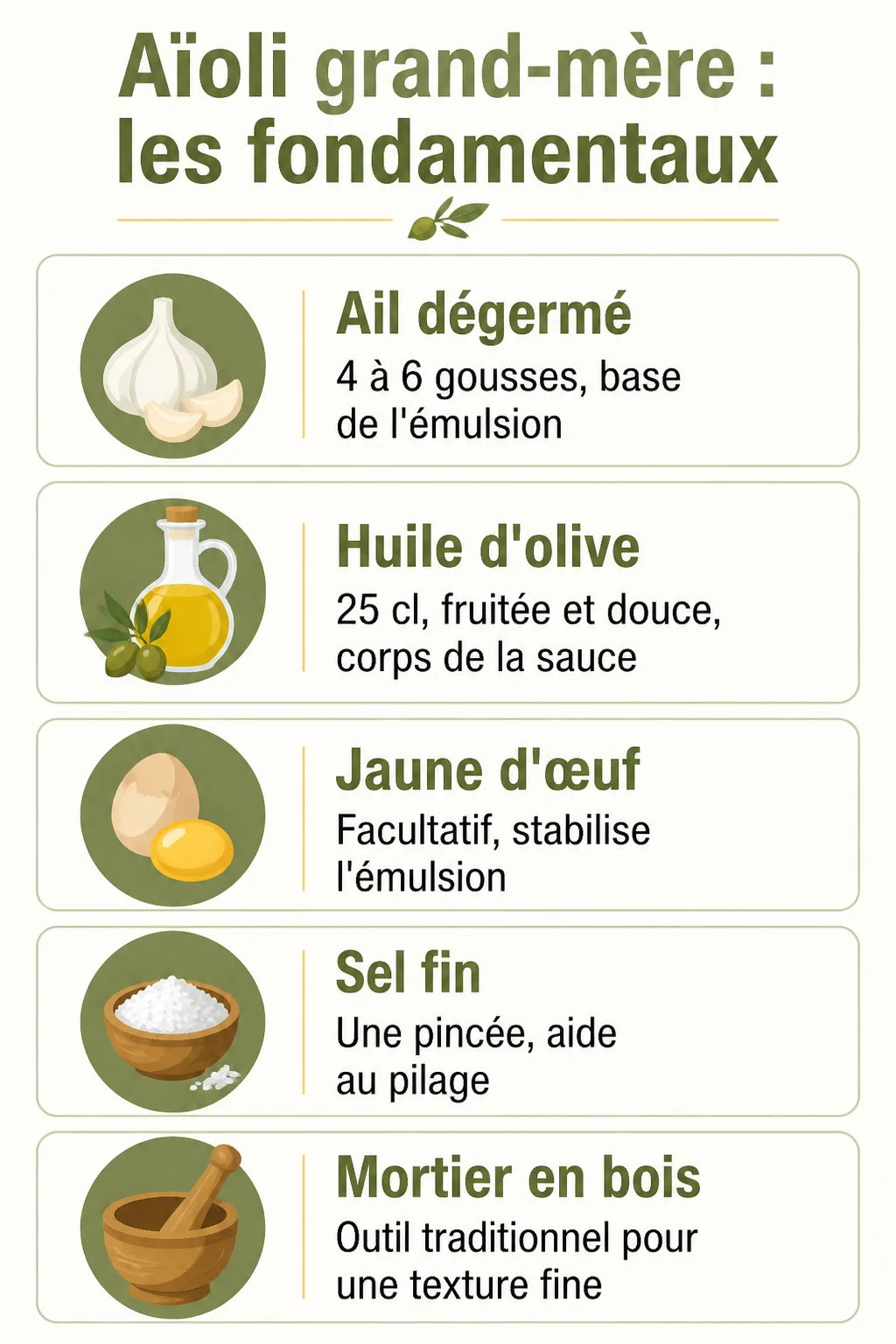 Aïoli grand-mère : les fondamentaux : Ail dégermé, Huile d'olive, Jaune d'œuf, Sel fin, Mortier en bois