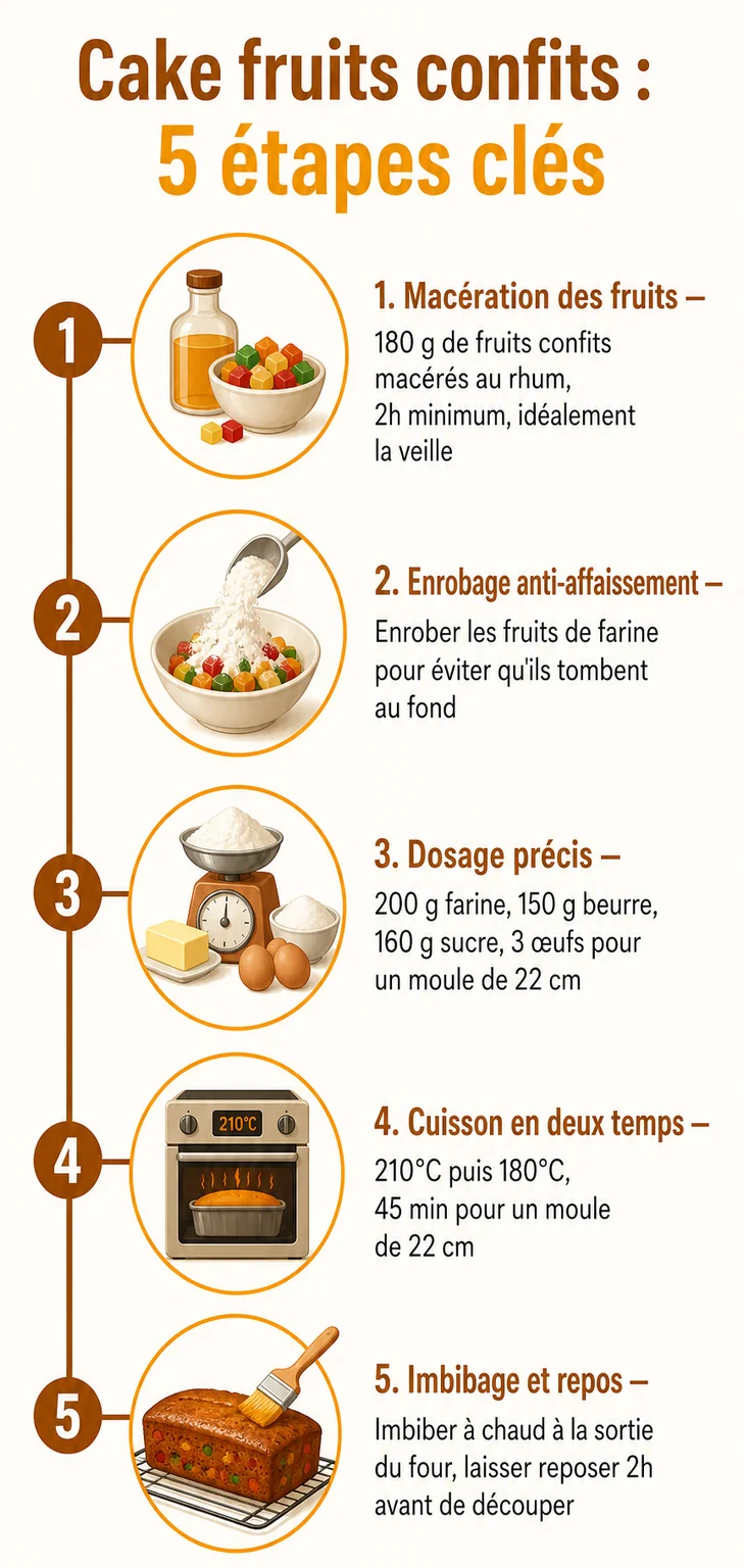 Cake fruits confits : 5 étapes clés : 1. Macération des fruits, 2. Enrobage anti-affaissement, 3. Dosage précis, 4. Cuisson en deux temps, 5. Imbibage et repos