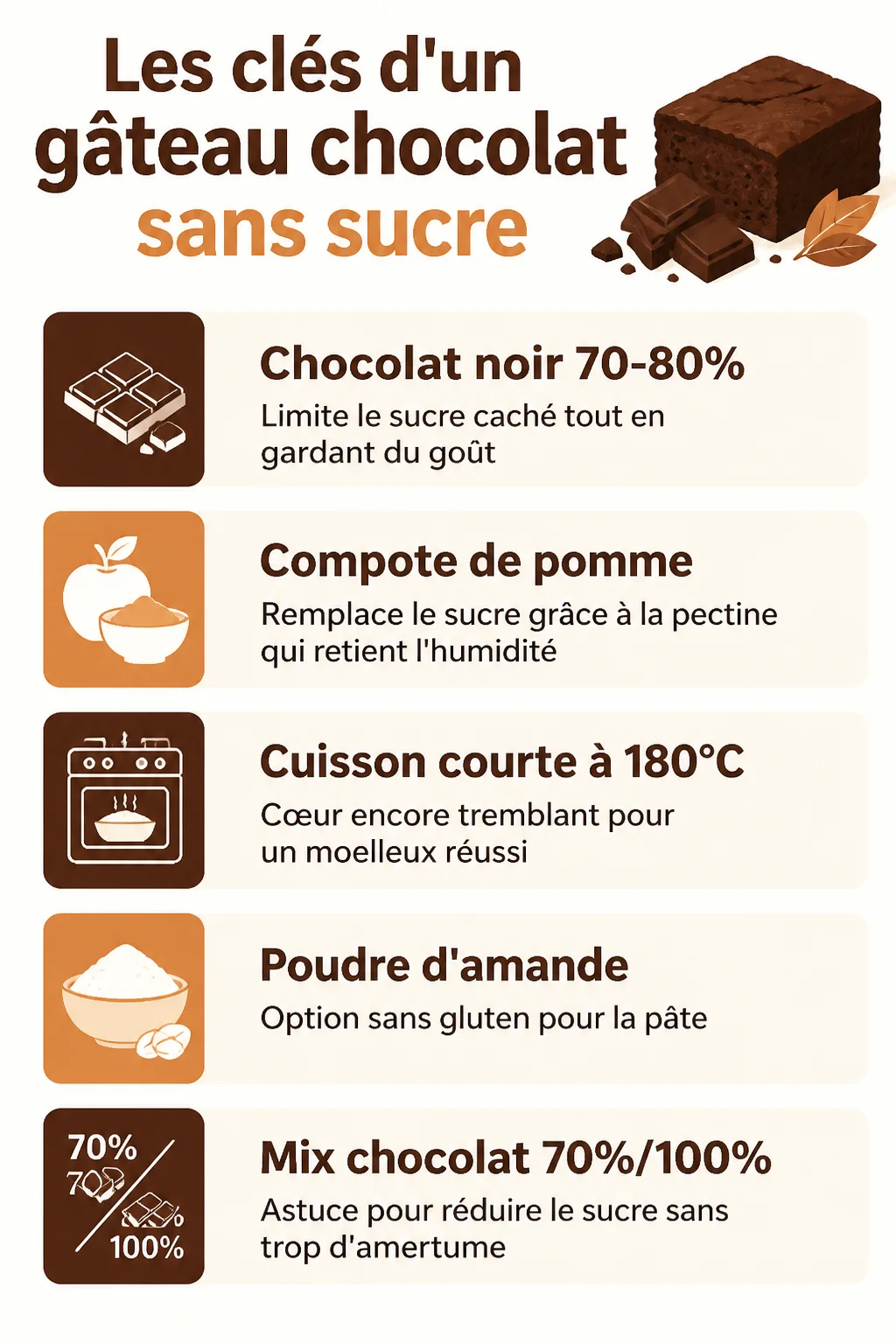 Les clés d'un gâteau chocolat sans sucre : Chocolat noir 70-80%, Compote de pomme, Cuisson courte à 180°C, Poudre d'amande, Mix chocolat 70%/100%