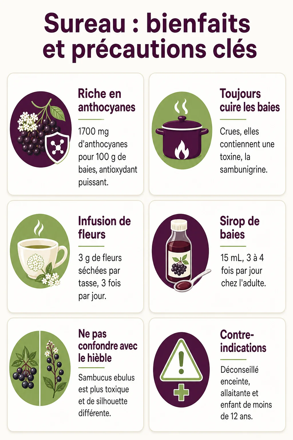 Sureau : bienfaits et précautions clés : Riche en anthocyanes, Toujours cuire les baies, Infusion de fleurs, Sirop de baies, Ne pas confondre avec le hièble, Contre-indications