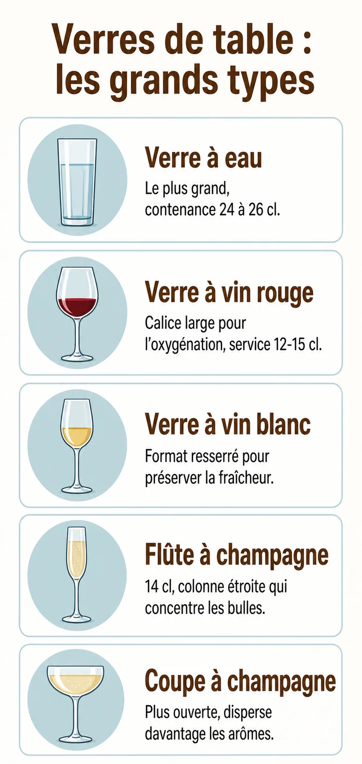 Verres de table : les grands types : Verre à eau, Verre à vin rouge, Verre à vin blanc, Flûte à champagne, Coupe à champagne