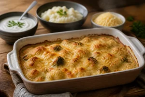Gratin de légumes doré au four entouré d'alternatives à la béchamel comme la crème fraîche et la purée