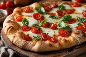 Pinsa italienne croustillante garnie de mozzarella, tomates cerises et basilic frais sur planche en bois