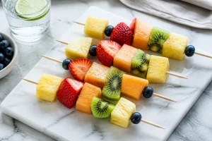Brochettes de fruits colorées disposées sur un plateau en marbre blanc