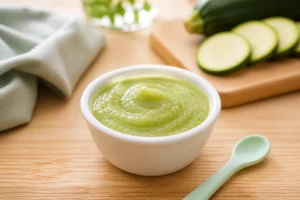 Bol de purée de courgette lisse pour bébé avec cuillère en silicone sur table en bois