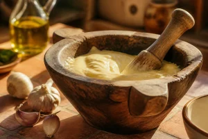 Sauce aïoli maison montée au mortier en bois avec ail et huile d'olive, recette traditionnelle de grand-mère