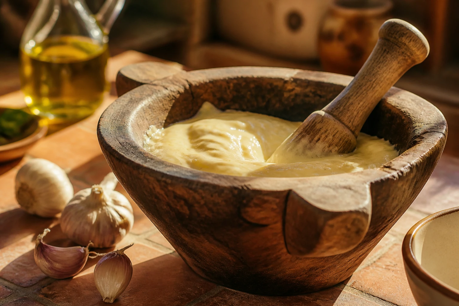Sauce aïoli maison montée au mortier en bois avec ail et huile d'olive, recette traditionnelle de grand-mère