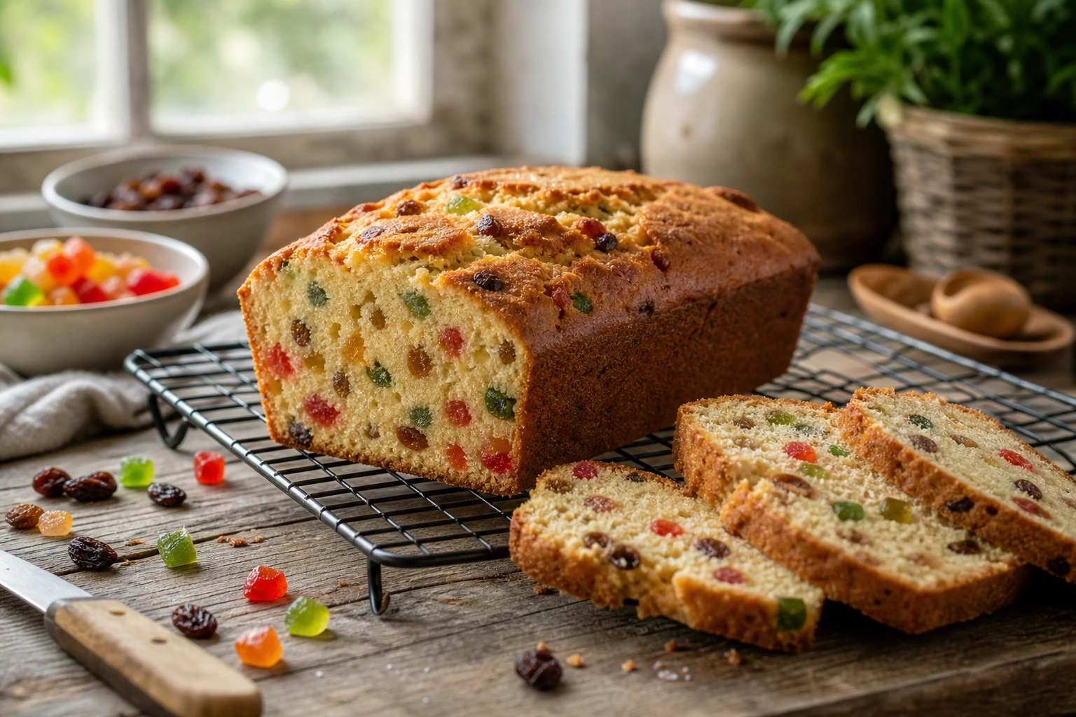 Cake aux fruits confits fait maison, tranché, montrant la répartition des fruits dans la mie moelleuse