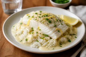 Riz basmati en sauce citronnée servi avec un filet de poisson blanc et herbes fraîches