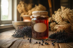 Bocal de sirop de sureau maison entouré de baies fraîches et de fleurs séchées sur table en bois