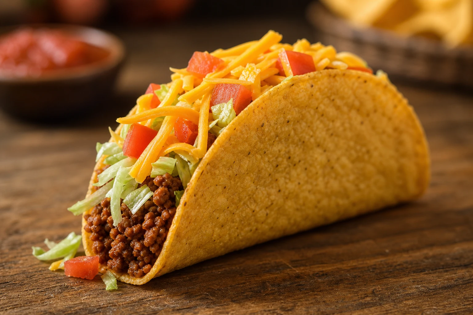 Taco tex-mex garni de bœuf, laitue et fromage, illustrant l'offre Taco Bell absente de France