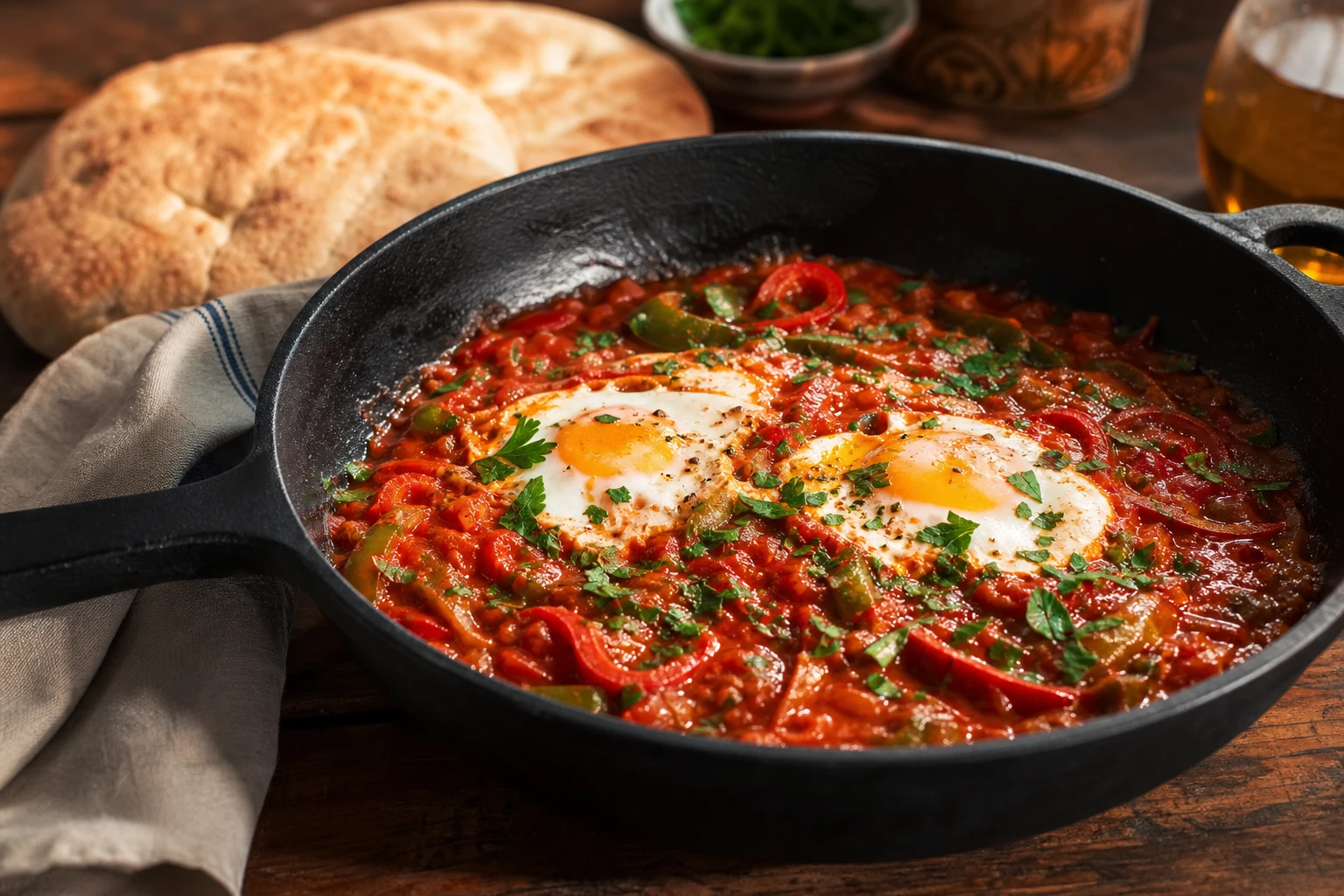 Poêle de tchoutchouka marocaine avec poivrons fondants, sauce tomate et œufs pochés