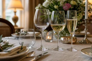 Différents types de verres de table alignés sur une nappe en lin, verre à eau, verre à vin et flûte à champagne