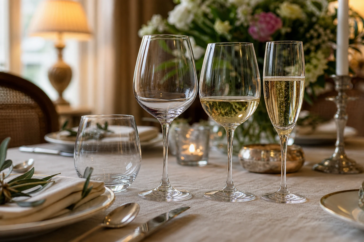 Différents types de verres de table alignés sur une nappe en lin, verre à eau, verre à vin et flûte à champagne