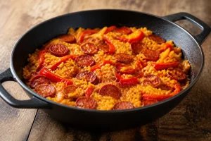 Paella au chorizo cuit dans une poêle en fonte, plat conseillé pendant la grossesse