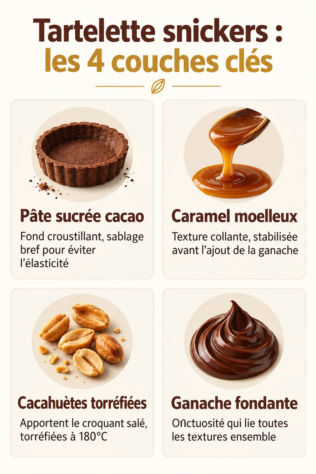Tartelette snickers : les 4 couches clés : Pâte sucrée cacao, Caramel moelleux, Cacahuètes torréfiées, Ganache fondante