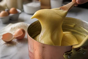 Spatule en bois soulevant une pâte à choux formant un bec d'oiseau au-dessus d'une casserole en cuivre