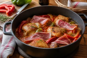 Cocotte de poulet basquaise mijoté avec piperade de poivrons, tomates et jambon de Bayonne
