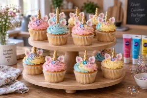 Cupcakes licorne avec crème pastel pochée, corne dorée et oreilles en pâte à sucre sur présentoir