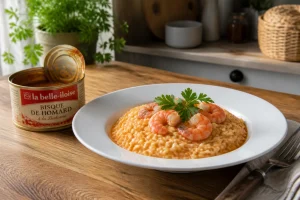 Risotto à la bisque de homard en boîte servi dans une assiette blanche avec crevettes et persil