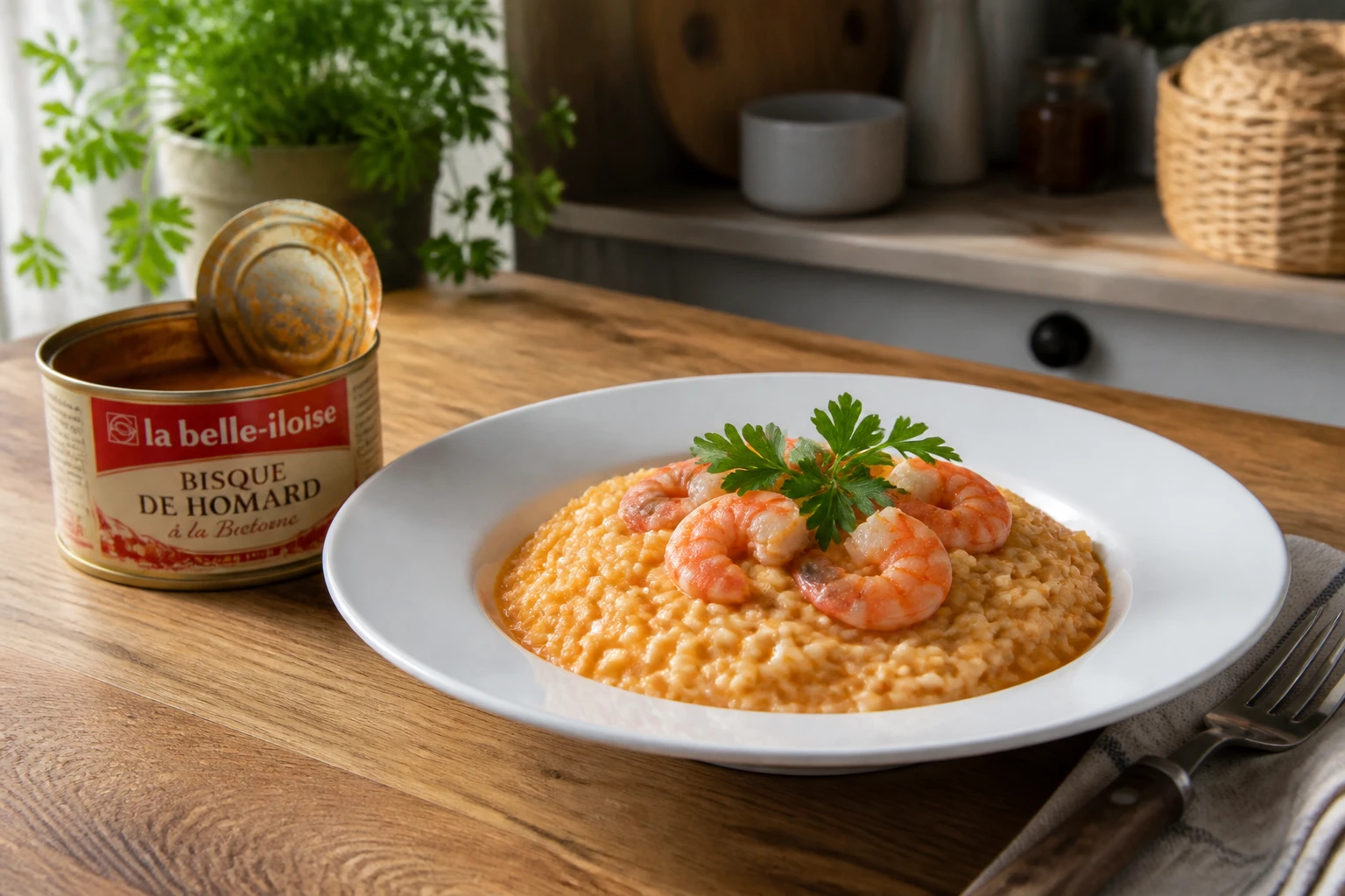 Risotto à la bisque de homard en boîte servi dans une assiette blanche avec crevettes et persil