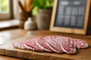 Tranches de saucisson maigre sur planche en bois avec étiquette nutritionnelle en arrière-plan