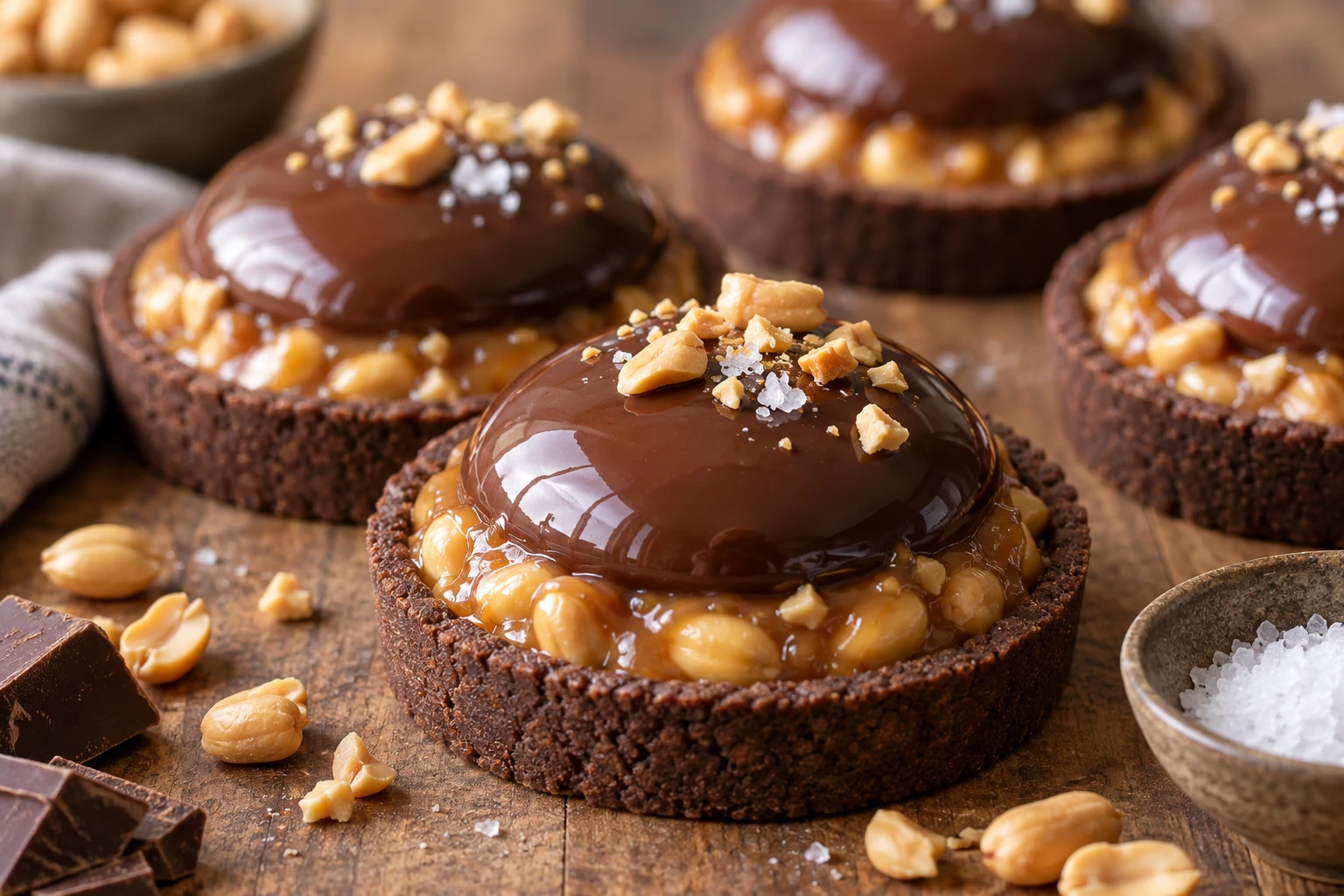 Tartelettes façon Snickers avec caramel, cacahuètes torréfiées et ganache chocolat brillante