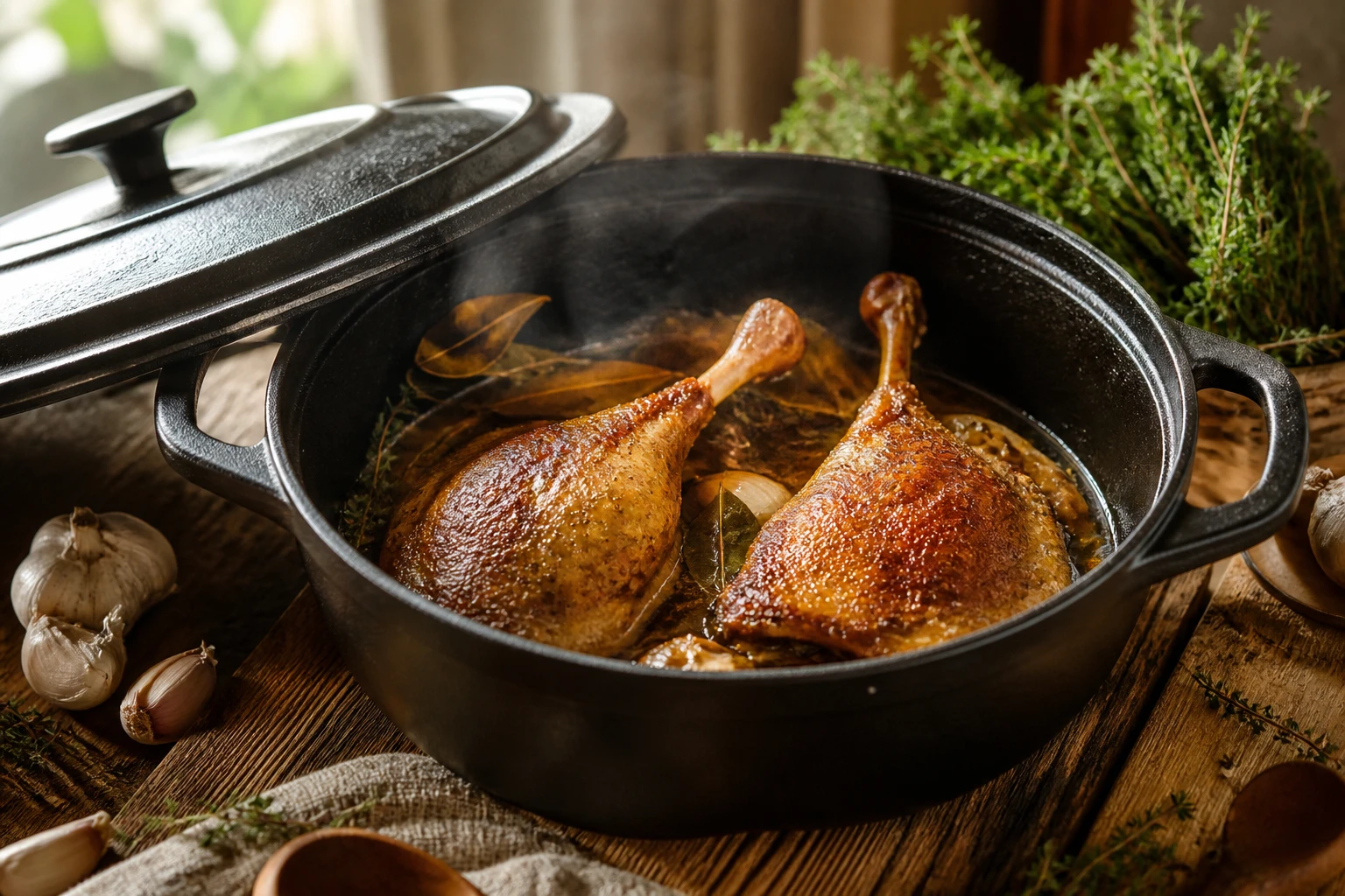 Cuisses de canard confites dorées dans une cocotte en fonte noire ouverte